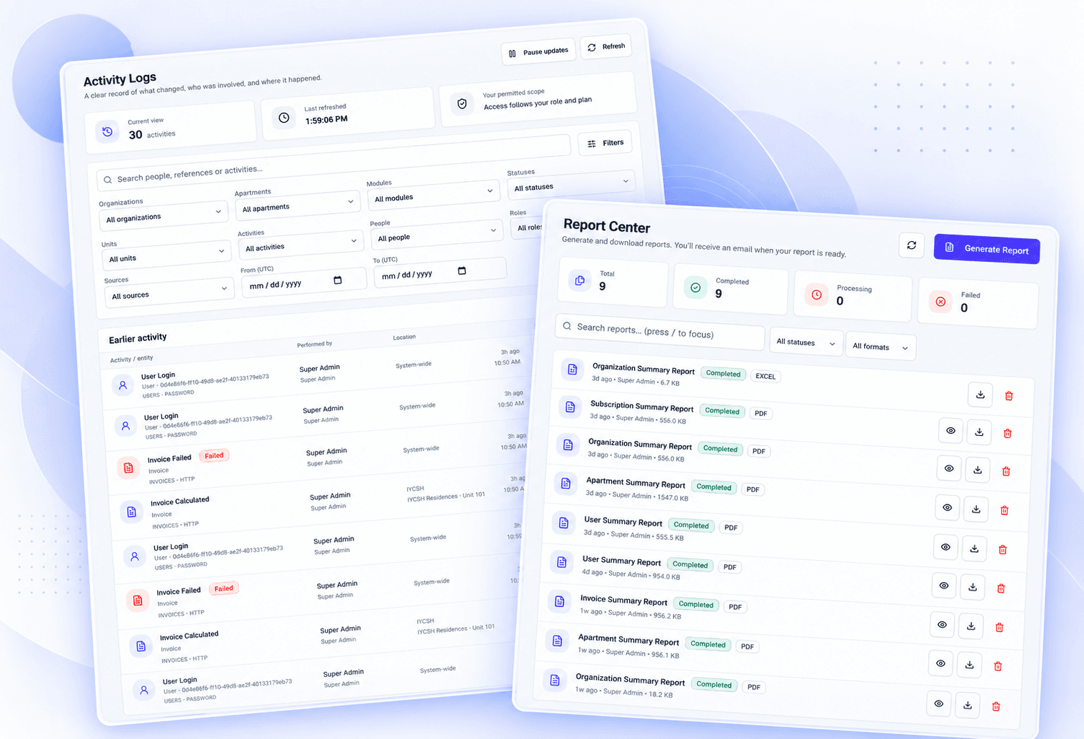 Activity log of who changed what and when, alongside a Report Center listing generated summary reports, downloadable as PDF or Excel
