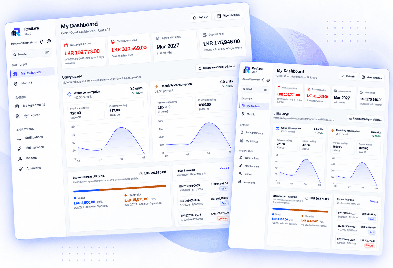 Resident dashboard showing next payment due, utility usage trends and open maintenance requests, alongside the resident's own invoices list