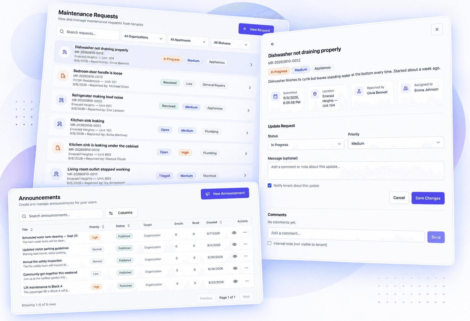 Maintenance requests list and a request detail showing status, priority and assignment, alongside an announcements list with publish status and read counts